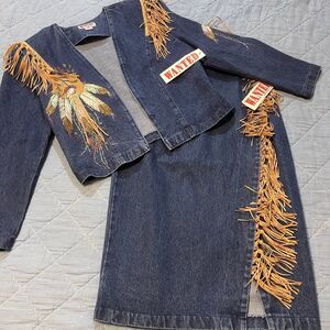 Vintage Wanted by Bead Beautiful Denim Fringe Jacket & Skirt Set Size Medium NWT